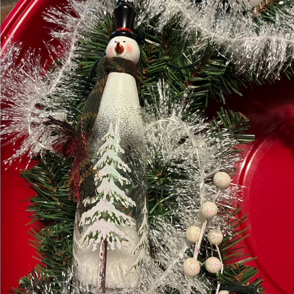 Hand Crafted Holiday Lit Wreath with Snowman and White Accents
